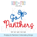 Preppy Go Panthers Embroidery Design: Design preview of the words Go Panthers in blue and red script with a blue bow, available in 4x4, 5x7, 6x10, 7x12, and 8x8