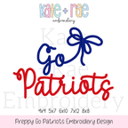 Preppy Go Patriots Embroidery Design: Design preview of the words Go Patriots in navy and red script with a navy bow, available in 4x4, 5x7, 6x10, 7x12, and 8x8