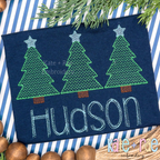 Boys Cross Stitch Christmas Tree Trio Sketch Stitch Embroidery Design: Three green cross stitch Christmas trees with blue stars above the name Hudson on a navy shirt