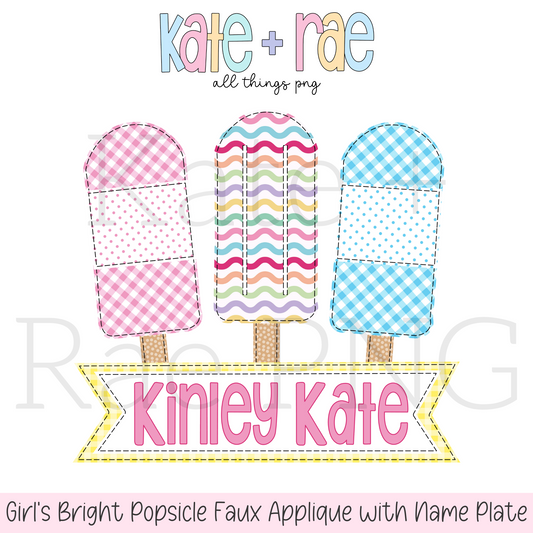 Girl's Bright Popsicle Faux Applique with Name Plate PNG