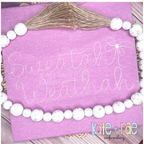Preppy Bean Stitch Embroidery Font: The words Sweatah Weathah in light pink bean stitch script with a bow on a purple sweatshirt