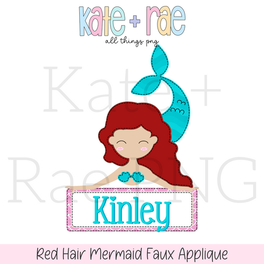 Red Hair Mermaid Faux Applique PNG