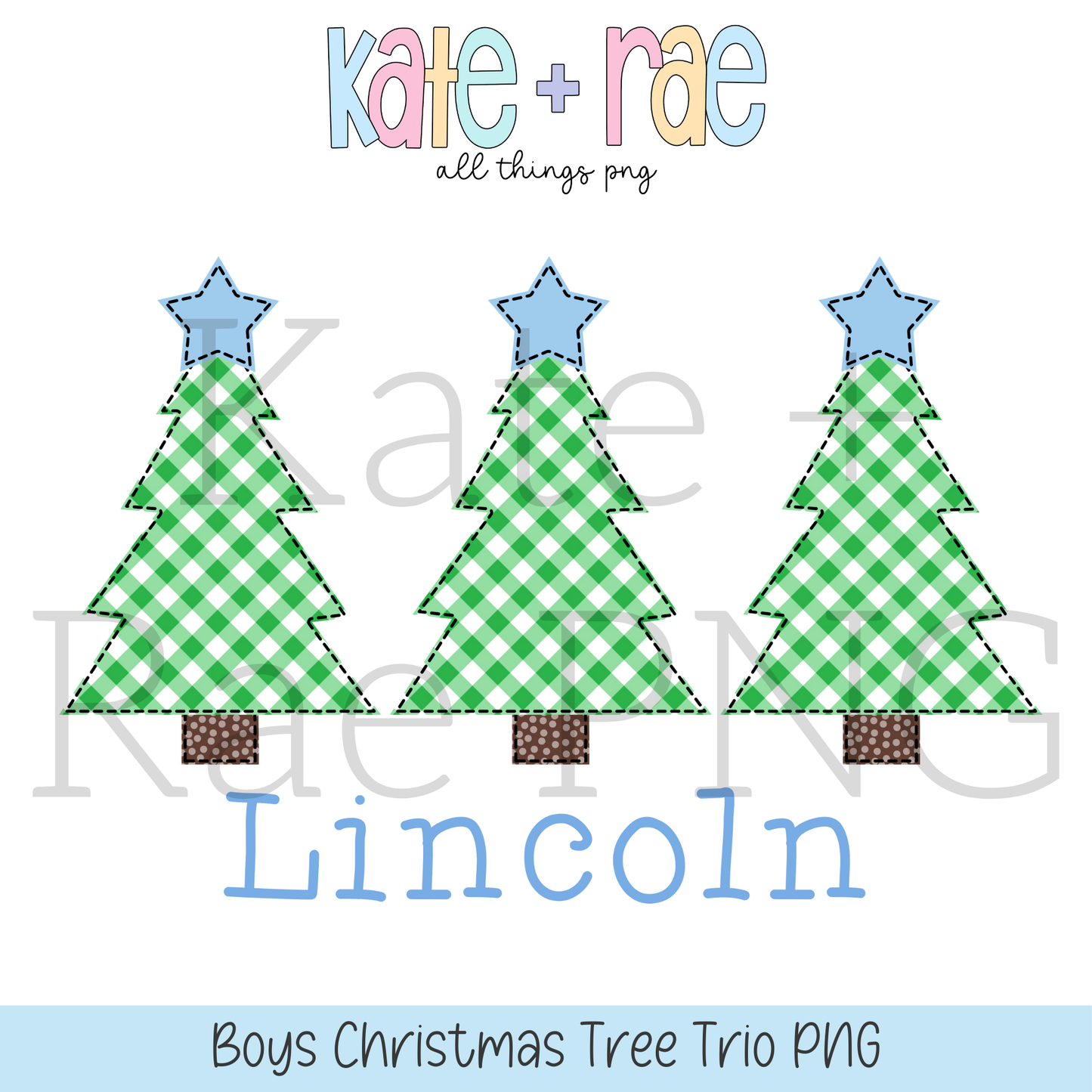 Boy's Christmas Tree Trio with Blue Stars Faux Applique PNG