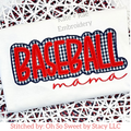 Baseball Double Satin Stitch Applique Embroidery Design: The word BASEBALL in red applique letters with a navy gingham outline above mama in red script on a white shirt