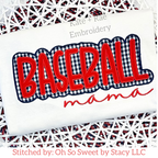 Baseball Double Satin Stitch Applique Embroidery Design: The word BASEBALL in red applique letters with a navy gingham outline above mama in red script on a white shirt