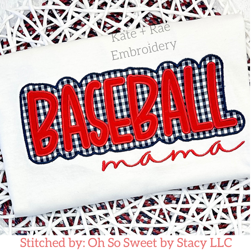 Baseball Double Satin Stitch Applique Embroidery Design: The word BASEBALL in red applique letters with a navy gingham outline above mama in red script on a white shirt