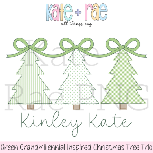 Green Grandmillennial Inspired Christmas Tree Trio PNG