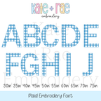 Plaid Embroidery Font: Letters A to J in blue gingham, available in 3 to 7.5 inch sizes