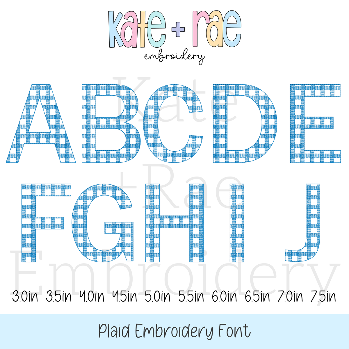 Plaid Embroidery Font: Letters A to J in blue gingham, available in 3 to 7.5 inch sizes