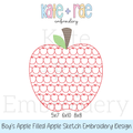Boy's Apple Filled Apple Embroidery Design: Design preview of a red outline apple filled with tiny apples, available in 5x7, 6x10, and 8x8