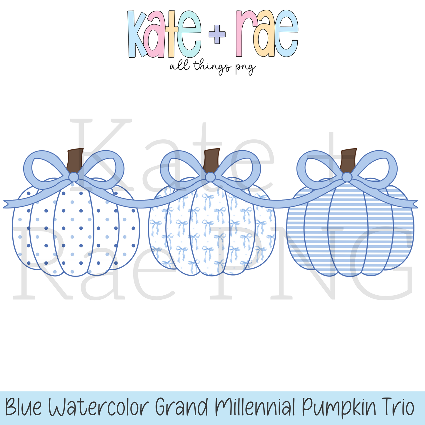 Blue Watercolor Pumpkin Trio with Connecting Bows