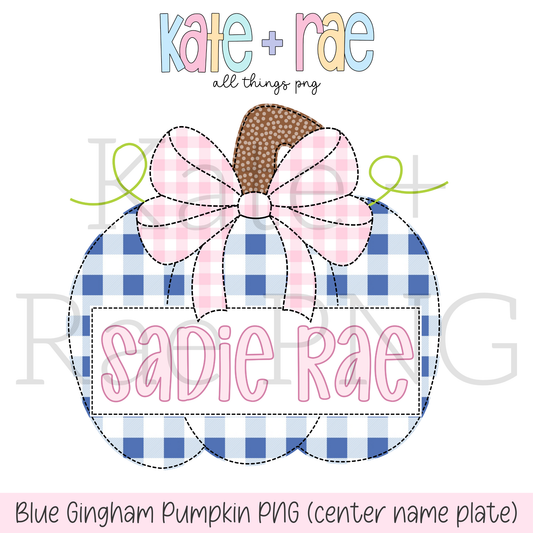 Blue Gingham Pumpkin Faux Applique PNG with Center Name Plate