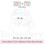 Santa Claus Bean Stitch Applique Embroidery Font: Design preview of a bean stitch applique Santa face with a pink hat and blue trim, available in 4x4, 5x7, 6x10, 7x12, and 8x8