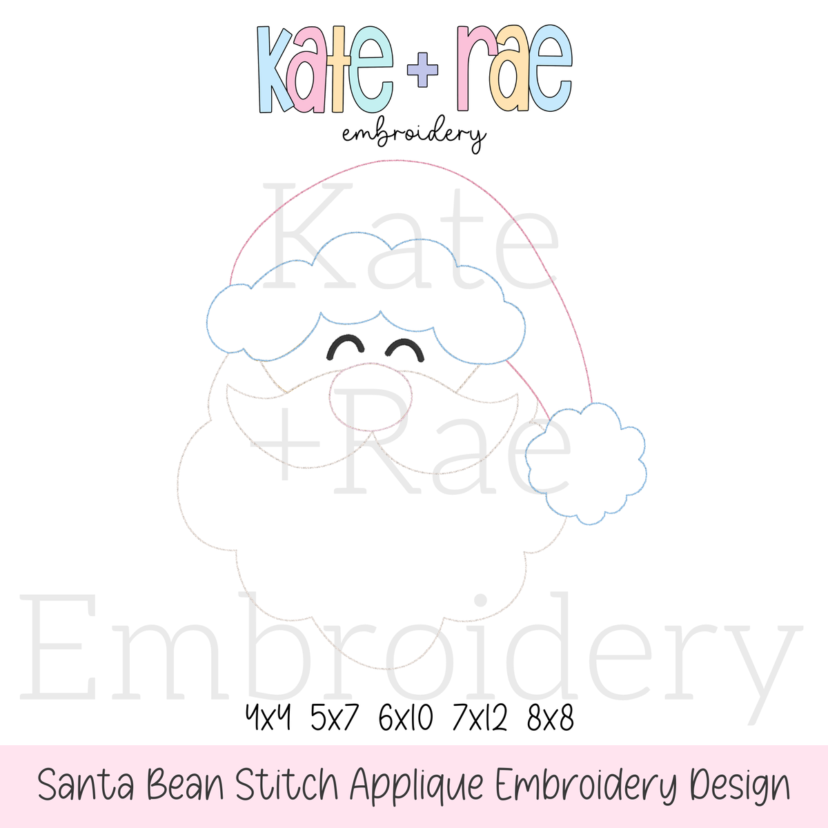 Santa Claus Bean Stitch Applique Embroidery Font: Design preview of a bean stitch applique Santa face with a pink hat and blue trim, available in 4x4, 5x7, 6x10, 7x12, and 8x8