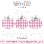 Girl's Plaid Filled Pumpkins with Bows Sketch Embroidery Design: Design preview of three pink plaid pumpkins with blue bows, available in 5x7, 6x10, and 8x8