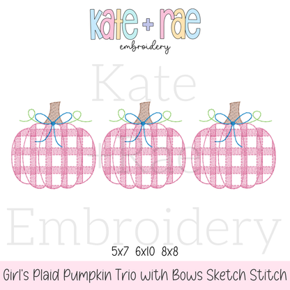 Girl's Plaid Filled Pumpkins with Bows Sketch Embroidery Design