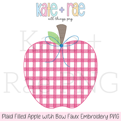 Girl's Plaid Filled Apple with Bow Faux Embroidery PNG