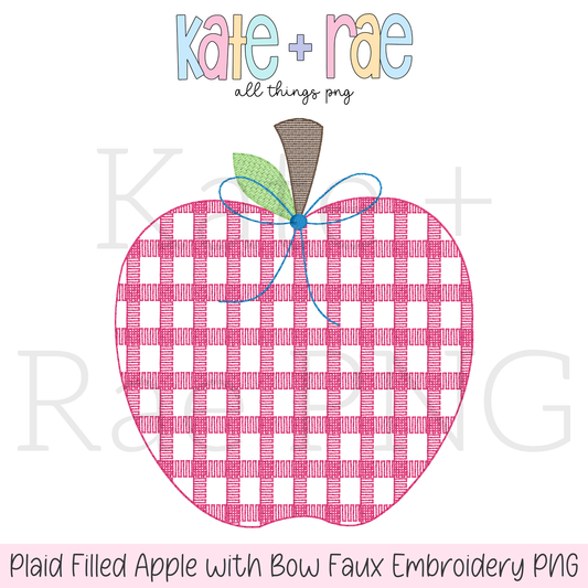 Girl's Plaid Filled Apple with Bow Faux Embroidery PNG