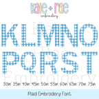 Plaid Embroidery Font: Letters K to T in blue gingham, available in 3 to 7.5 inch sizes