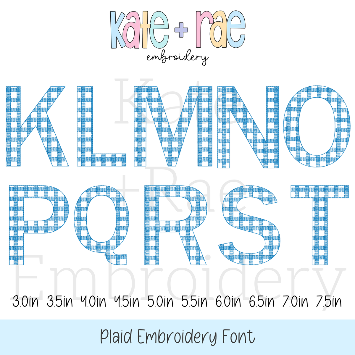 Plaid Embroidery Font: Letters K to T in blue gingham, available in 3 to 7.5 inch sizes