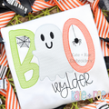 Boy's Boo Sketch Stitch Embroidery Design: Sketch stitch word BOO with a white ghost above the name wylder on a white shirt