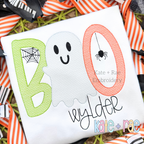 Boy's Boo Sketch Stitch Embroidery Design: Sketch stitch word BOO with a white ghost above the name wylder on a white shirt