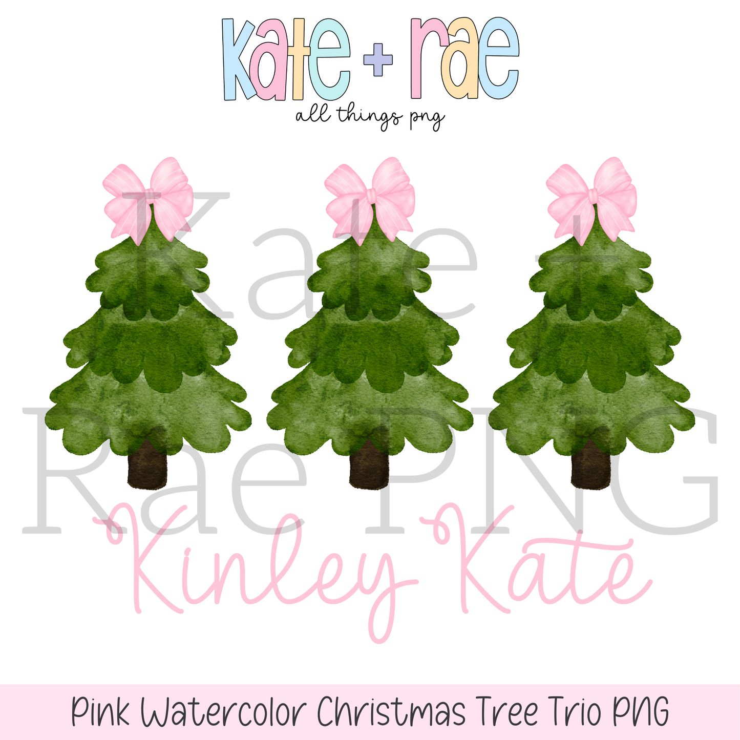 Girl's Watercolor Christmas Tree Trio with Pink Bows PNG