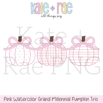 Pink Watercolor Pumpkin Trio with Connecting Bows