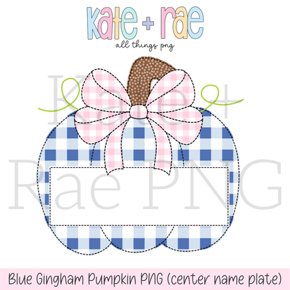 Blue Gingham Pumpkin Faux Applique PNG with Center Name Plate