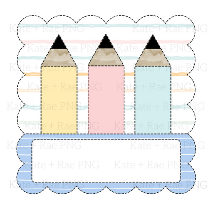 Pencil Faux Applique with Name Plate in Scalloped Square