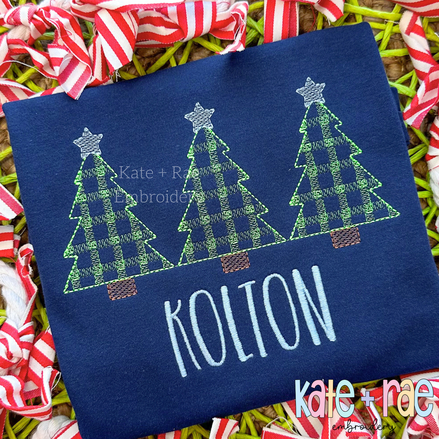 Boys Plaid Christmas Tree Trio Sketch Stitch Embroidery Design