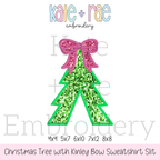 Christmas Tree with Kinley Bow Satin Stitch Applique Embroidery Design: Design preview of a green glitter Christmas tree applique with a pink glitter bow split for a sweatshirt side slit, available in 4x4, 5x7, 6x10, 7x12, and 8x8