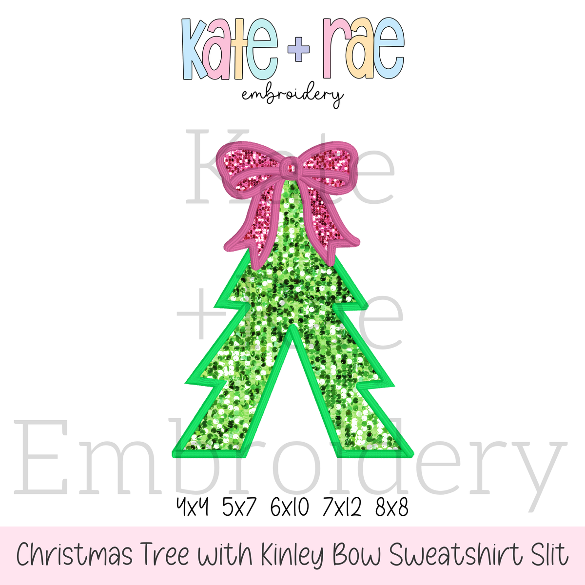 Christmas Tree with Kinley Bow Satin Stitch Applique Embroidery Design: Design preview of a green glitter Christmas tree applique with a pink glitter bow split for a sweatshirt side slit, available in 4x4, 5x7, 6x10, 7x12, and 8x8