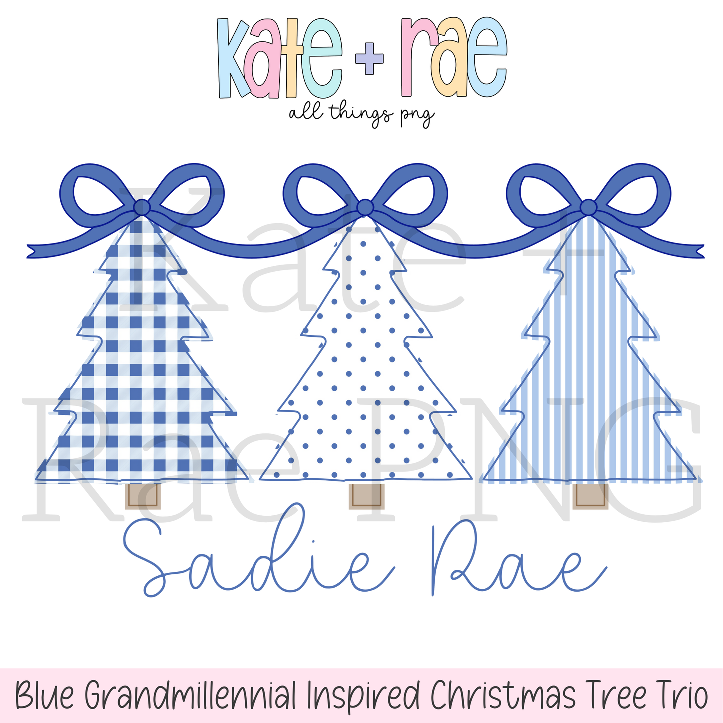 Blue Grandmillennial Inspired Christmas Tree Trio PNG