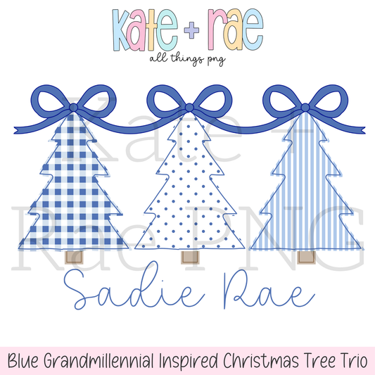 Blue Grandmillennial Inspired Christmas Tree Trio PNG