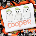 Boy's Ghost Trio Sketch Stitch Embroidery Design: Three sketch stitch ghosts wearing green caps above the name Cooper in orange on a white shirt