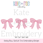 Kinley Bow Trio Sketch Stitch Embroidery Design: Design preview of three pink sketch stitch bows in a row, available in 4x4, 5x7, 6x10, and 8x8
