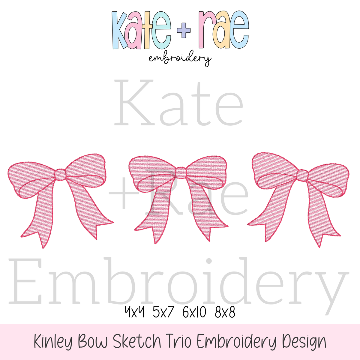 Kinley Bow Trio Sketch Stitch Embroidery Design: Design preview of three pink sketch stitch bows in a row, available in 4x4, 5x7, 6x10, and 8x8