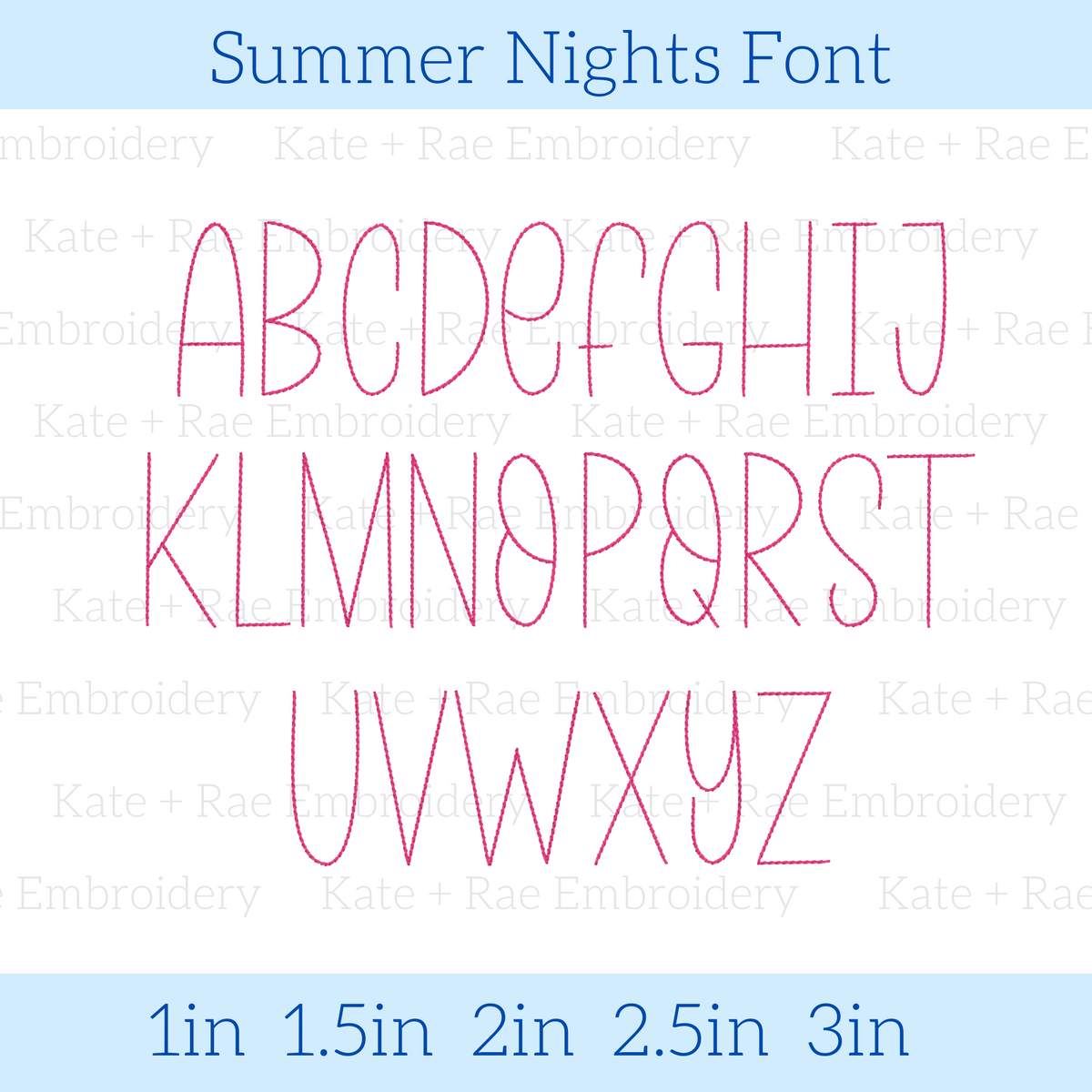 Summer Nights Secret Stitch Embroidery Font: Uppercase A to Z alphabet in a tall, thin pink outline font, available in 1 to 3 inch sizes