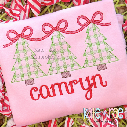 Girls Plaid Christmas Tree Trio with Connecting Bows Sketch Stitch Embroidery Design