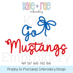Preppy Go Mustangs Embroidery Design: Design preview of the words Go Mustangs in blue and red script with a blue bow, available in 4x4, 5x7, 6x10, 7x12, and 8x8