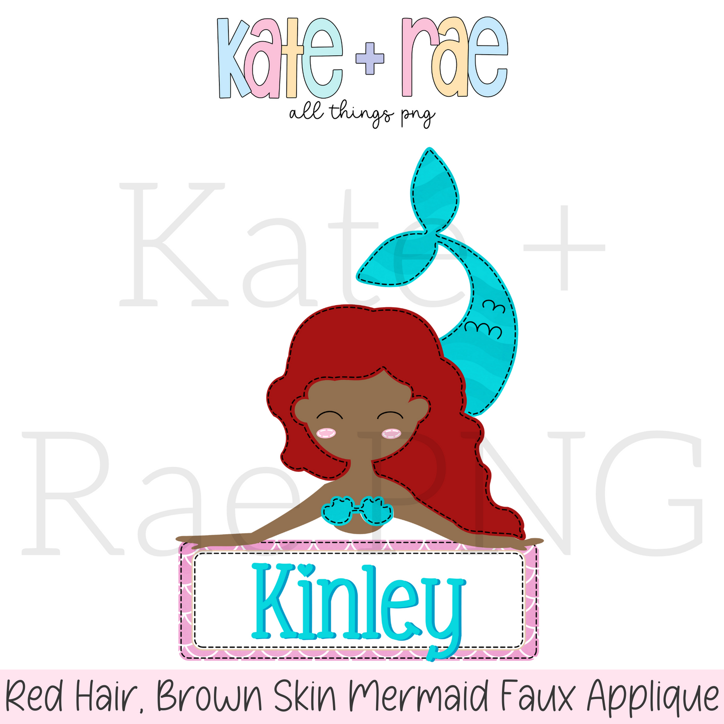 Red Hair, Brown Skin Mermaid Faux Applique PNG