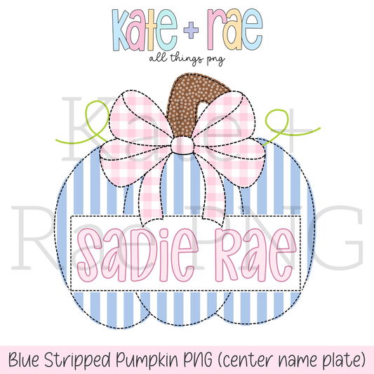 Blue Stripped Pumpkin Faux Applique PNG with Center Name Plate