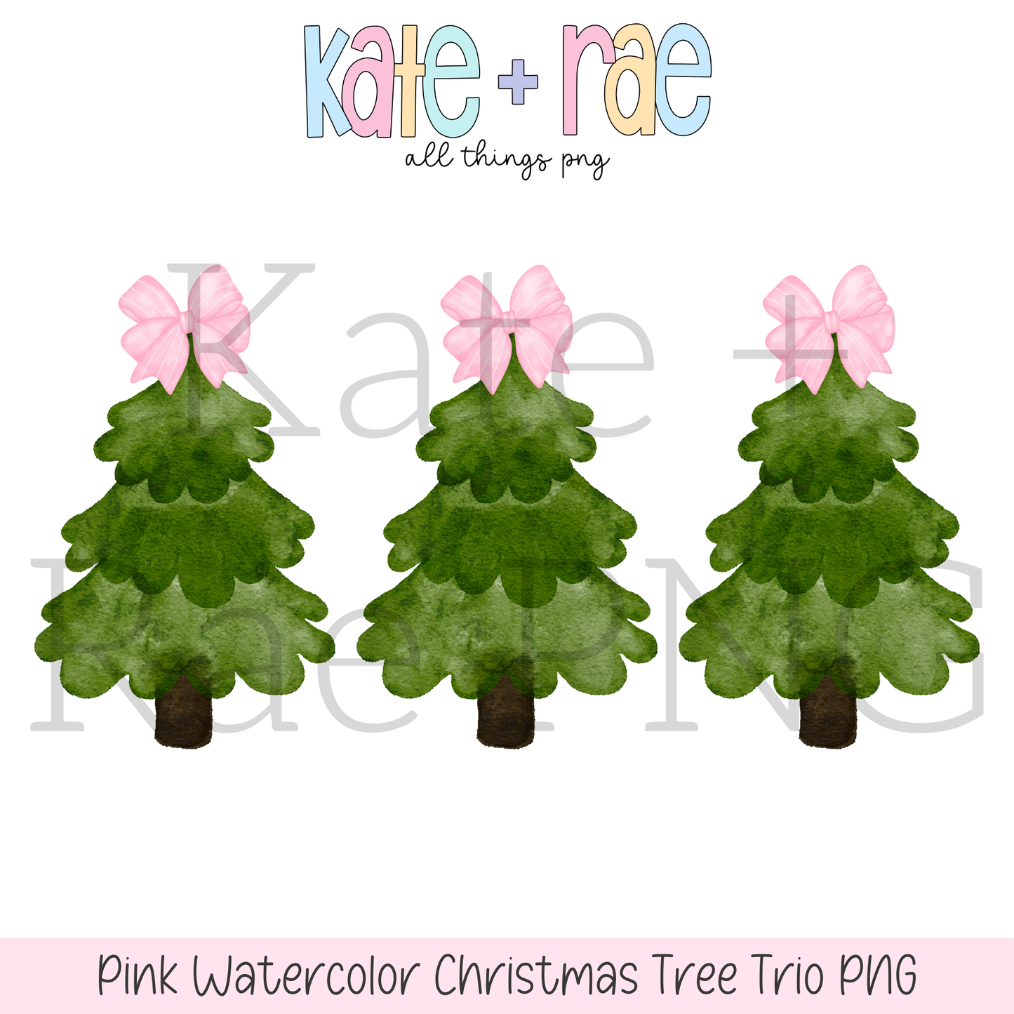 Girl's Watercolor Christmas Tree Trio with Pink Bows PNG