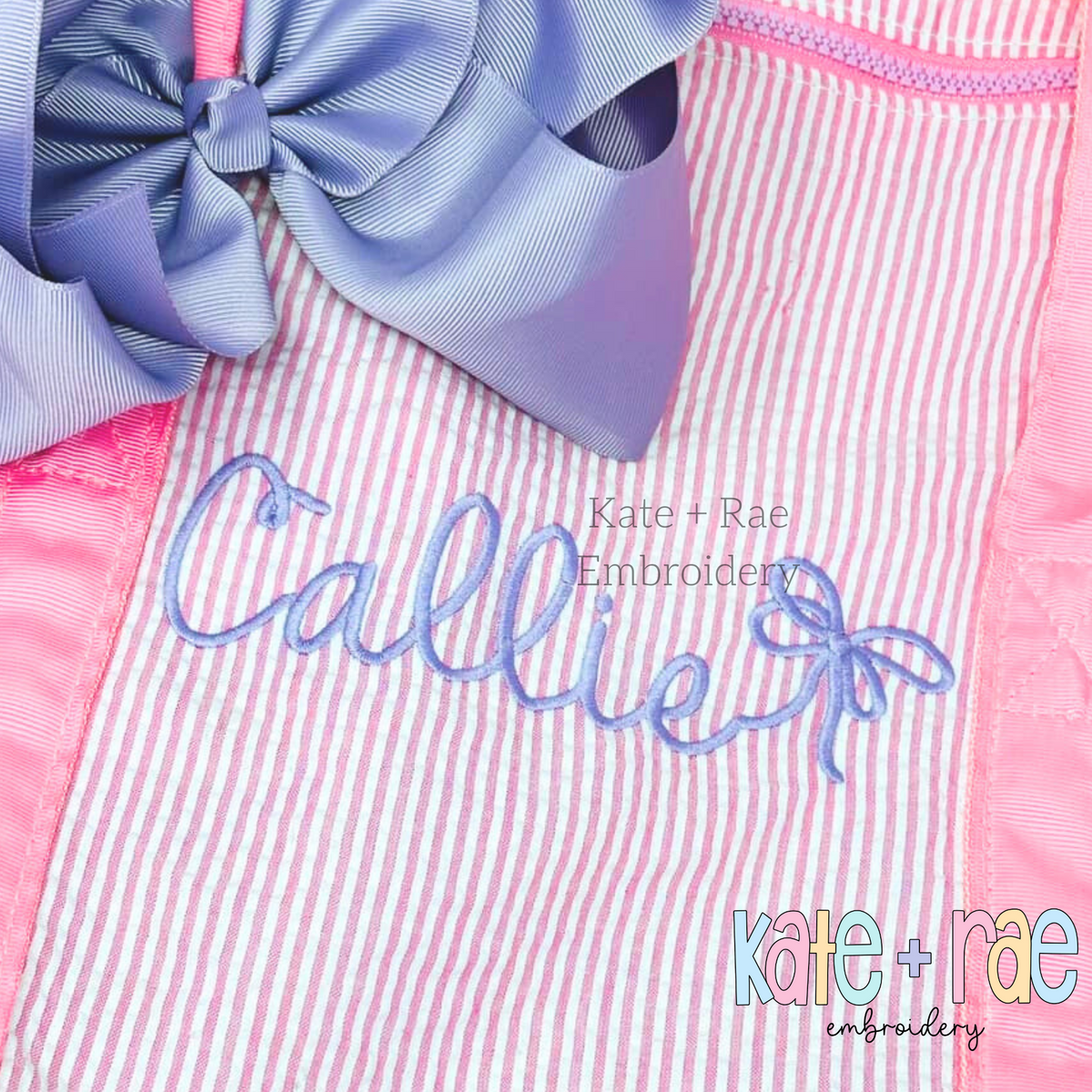 Preppy Satin Stitch Embroidery Font: The name Callie in light blue preppy script with a bow on pink seersucker