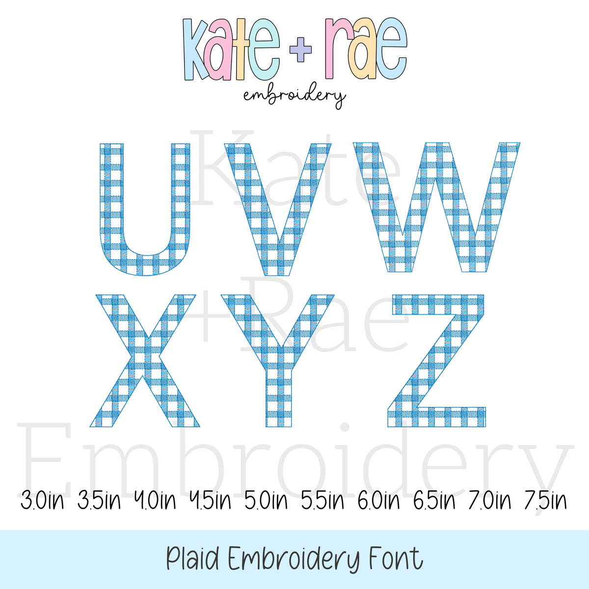 Plaid Embroidery Font: Letters U to Z in blue gingham, available in 3 to 7.5 inch sizes
