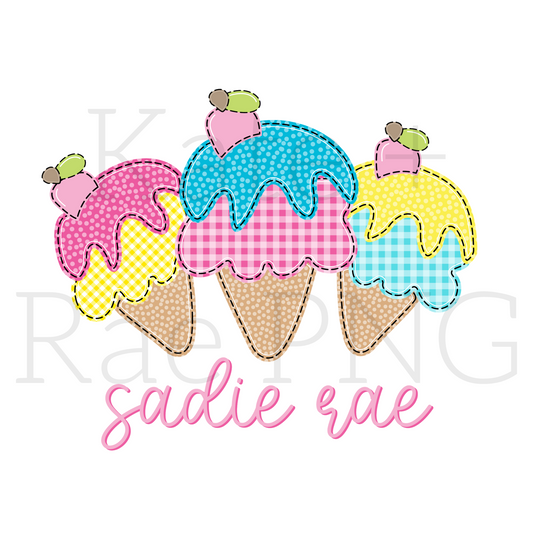 Bright Summer Ice Cream Trio Faux Applique PNG