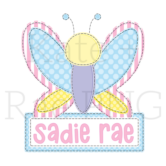 Girl's Pink and Blue Butterfly Faux Applique PNG