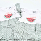 Watermelon Sketch Stitch Embroidery Design: Two white bubble rompers with sketch stitch watermelons and names in pink on green striped bottoms