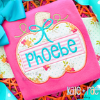 Girl's Pumpkin Satin Applique Embroidery Design: Floral pumpkin applique with a bow and the name Phoebe in aqua on a hot pink shirt